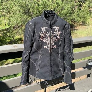 Black and Pink Motorcycle Jacket with Embroidery